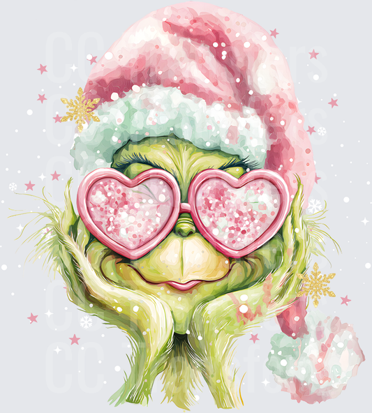 Sassy Green Creature Pink Santa Hat Heart Sunglasses (DTF)