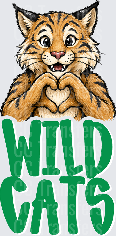 Smiling Wildcat Making Heart Hands Green Wildcats Text (DTF)