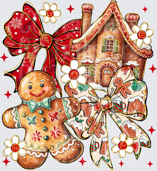 Gingerbread Man House Red Bow Holiday Christmas (DTF)