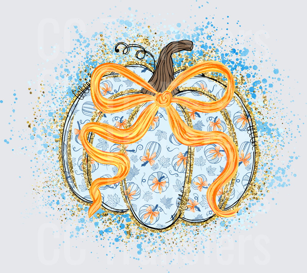 Blue Patterned Pumpkin with Orange Bow Gold Glitter Splash (DTF)