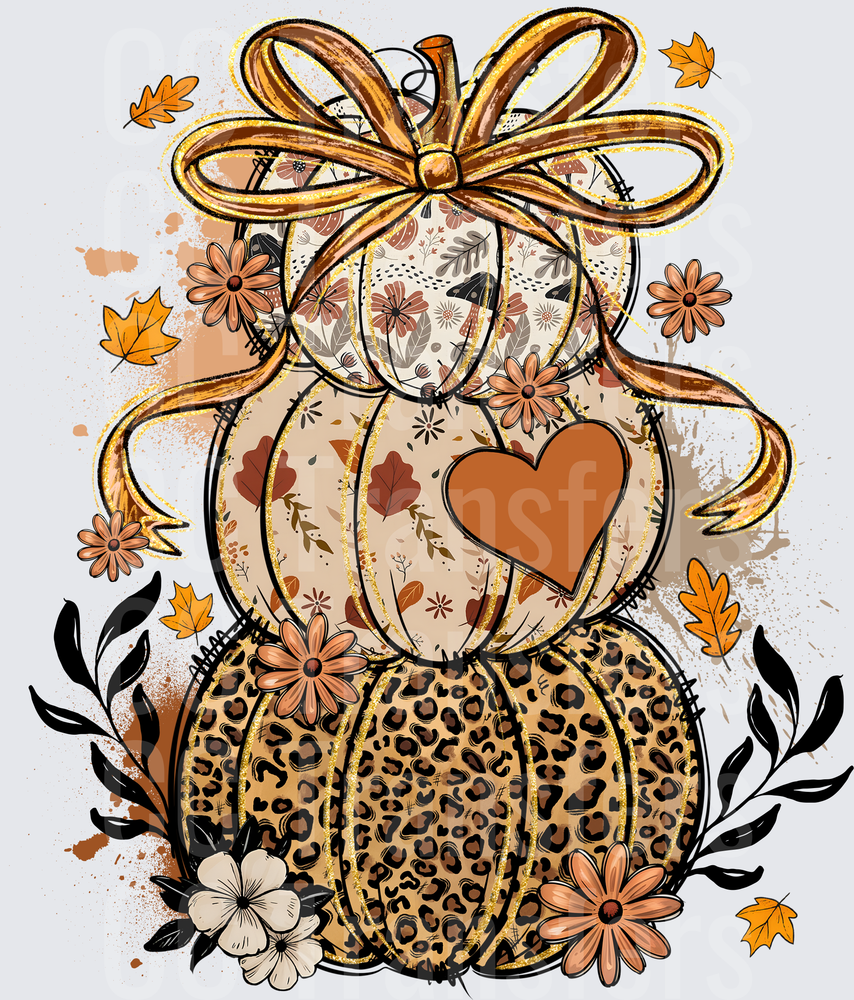 Stacked Fall Pumpkins Leopard Floral Heart Bow DTF