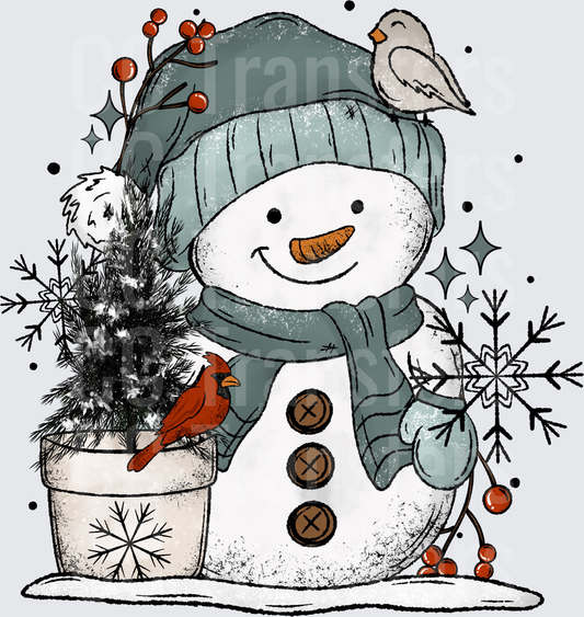 Rustic Snowman with Cardinals Teal Hat Winter Scene (DTF)