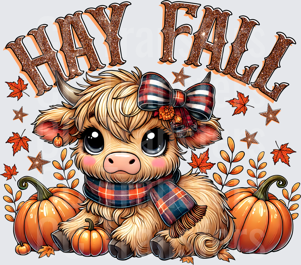 Hay Fall Cute Baby Highland Cow Pumpkins Plaid Bow (DTF)