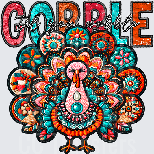 Gobble Til You Wobble Boho Embroidered Turkey (DTF)
