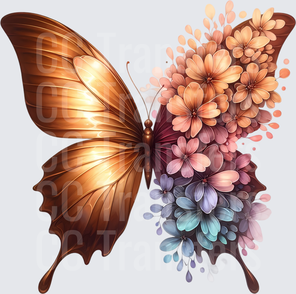 Golden Brown Butterfly with Floral Wing Bouquet (DTF)