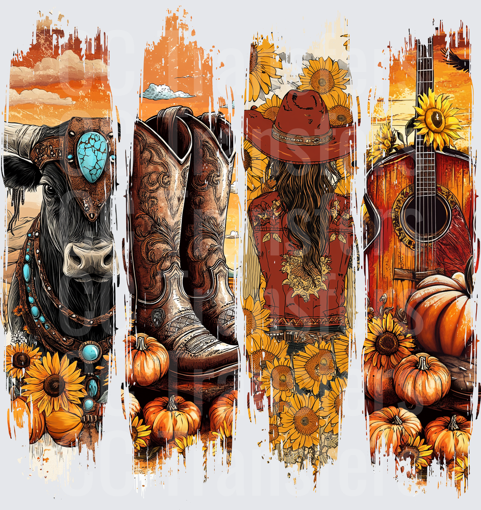 Fall Western Cowgirl Four Panel Brush Stroke Collage (DTF)