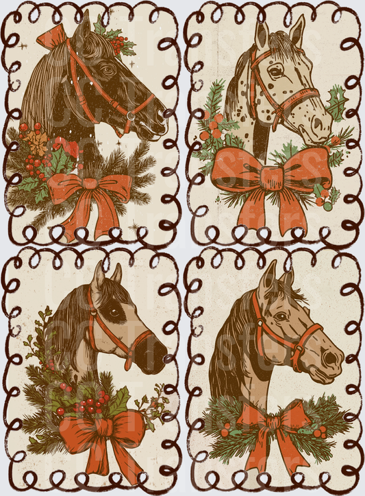 Vintage Christmas Horse Portrait Four Panel Set (DTF)