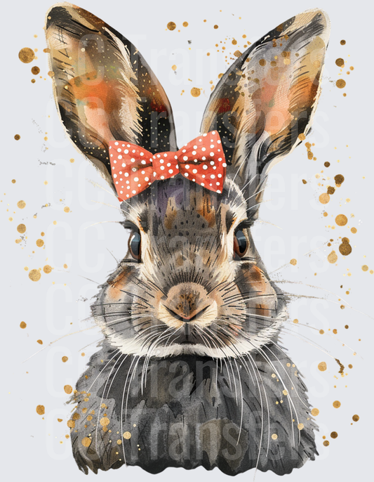 Watercolor Bunny with Red Polka Dot Bow Gold Splatter (DTF)