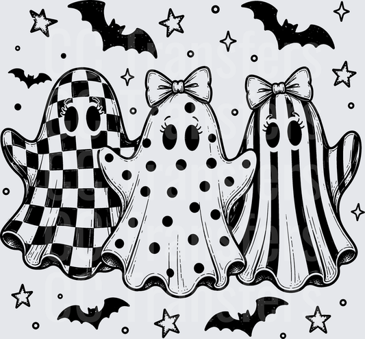 Three Patterned Halloween Ghosts with Bats and Stars (DTF)
