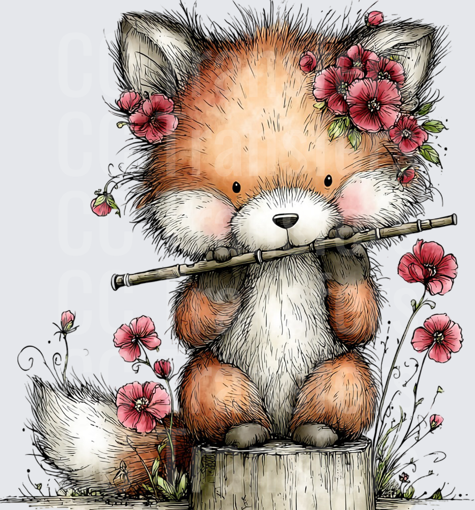 Cute Fluffy Fox Playing Flute With Pink Flowers (DTF)