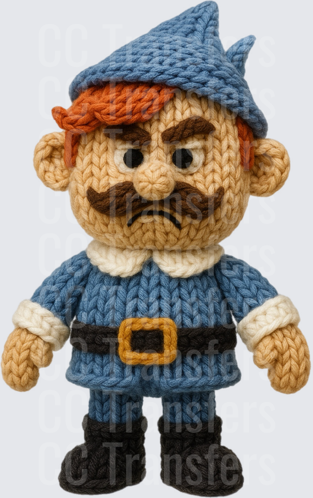 Grumpy Knitted Gnome with Red Hair and Blue Hat (DTF)