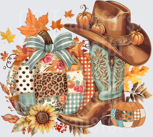 Patchwork Pumpkin Cowboy Boot Fall Harvest Scene (DTF)