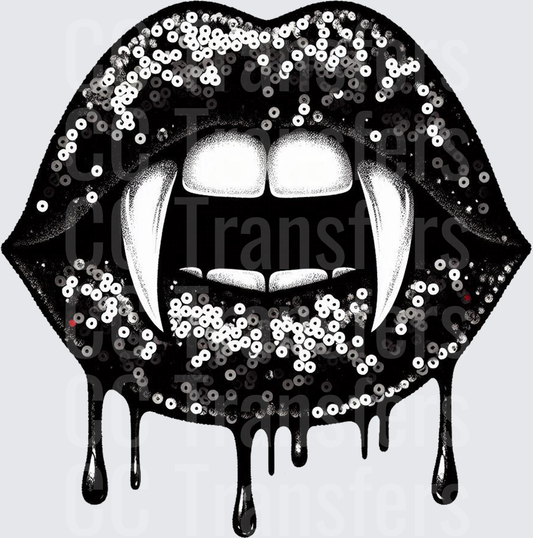Black Sequin Dripping Vampire Lips with Fangs (DTF)