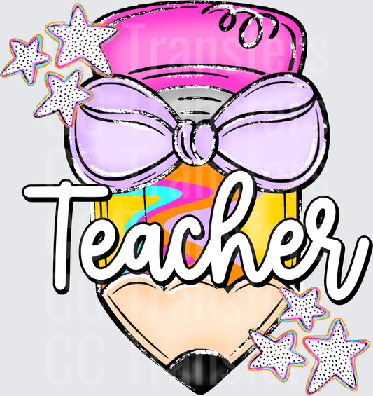 Cute Pencil with Bow Pink Hat Stars Teacher Script (DTF)
