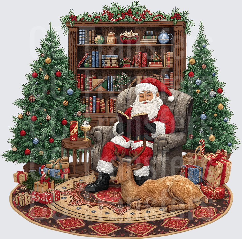 Santa Reading Book in Armchair with Reindeer and Trees (DTF)