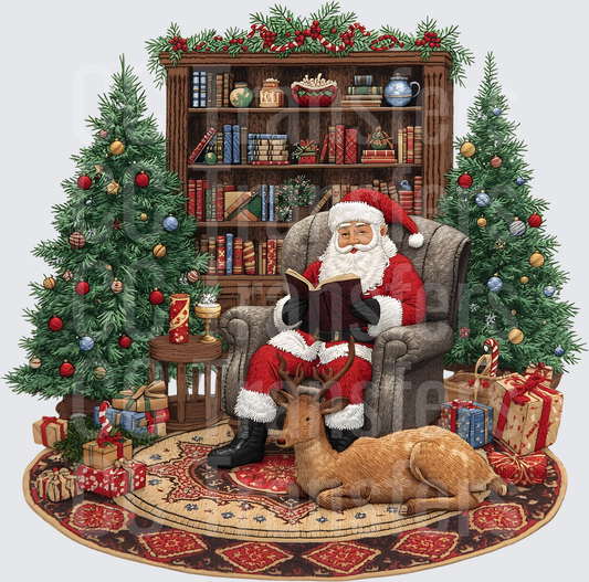 Santa Reading Book in Armchair with Reindeer and Trees (DTF)