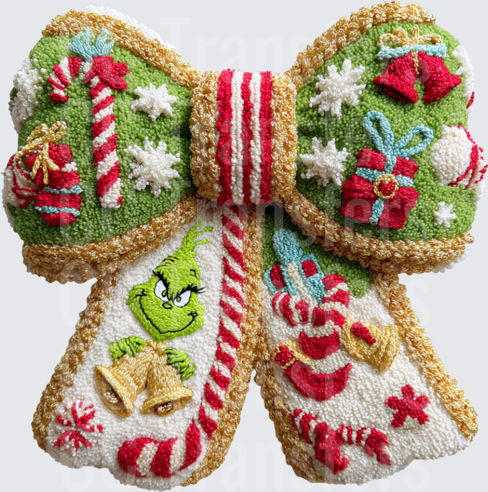 Chenille Christmas Bow Green Creature Holiday Icons (DTF)