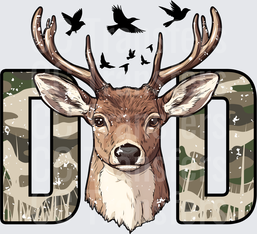 Camo DAD Buck Deer Head with Flying Birds (DTF)
