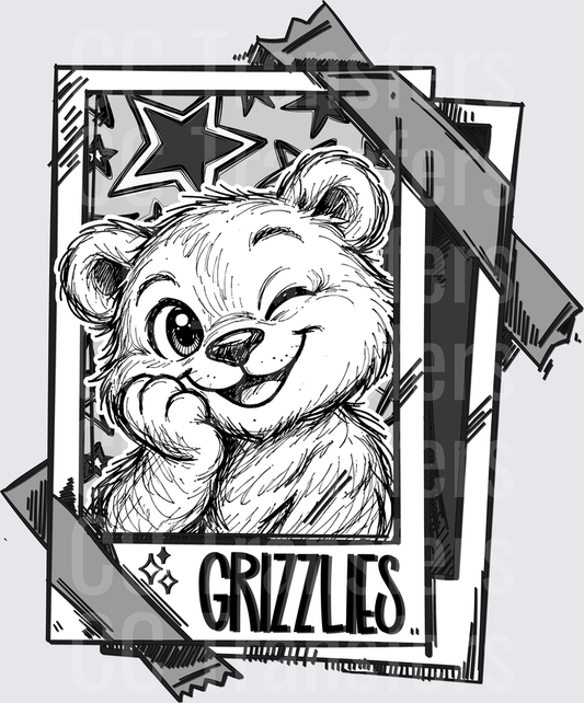 Cute Grizzlies Bear Winking Sketch Polaroid Stars (DTF)