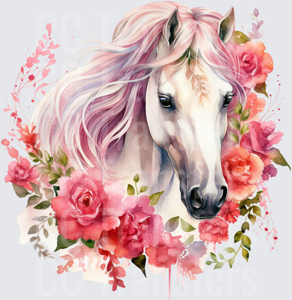 Watercolor White Horse Pink Mane Floral Roses (DTF)