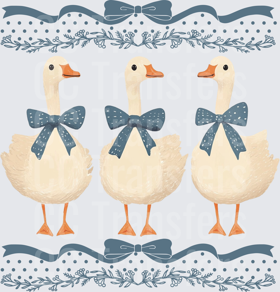 Three White Geese with Blue Bows Floral Border (DTF)