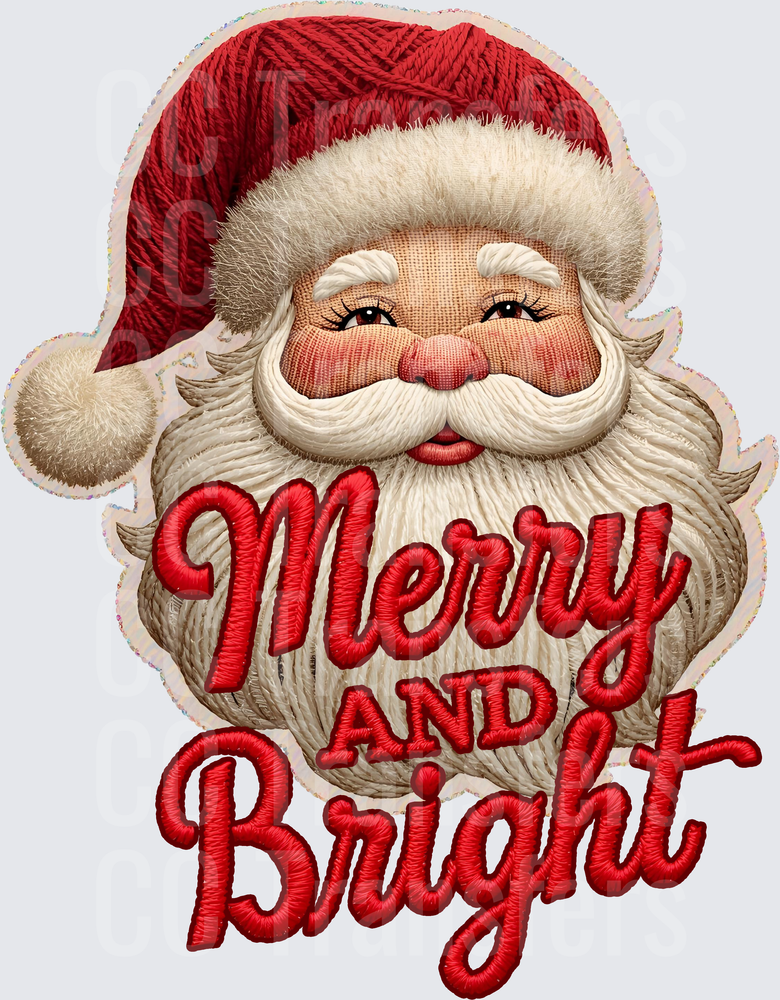 Embroidered Style Santa Face Merry And Bright (DTF)