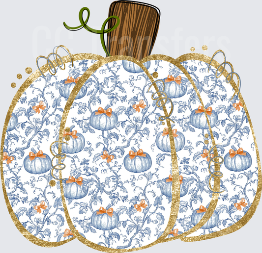 Glitter Gold Pumpkin Blue Floral Toile Pattern (DTF)