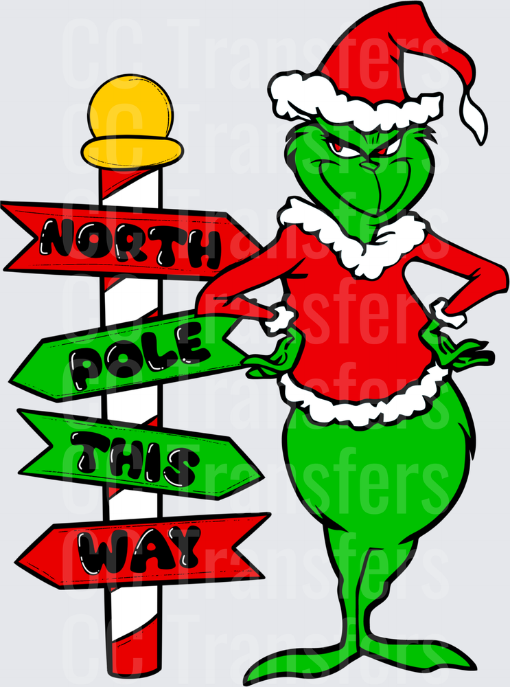 Mischievous Green Christmas Character North Pole Sign (DTF)