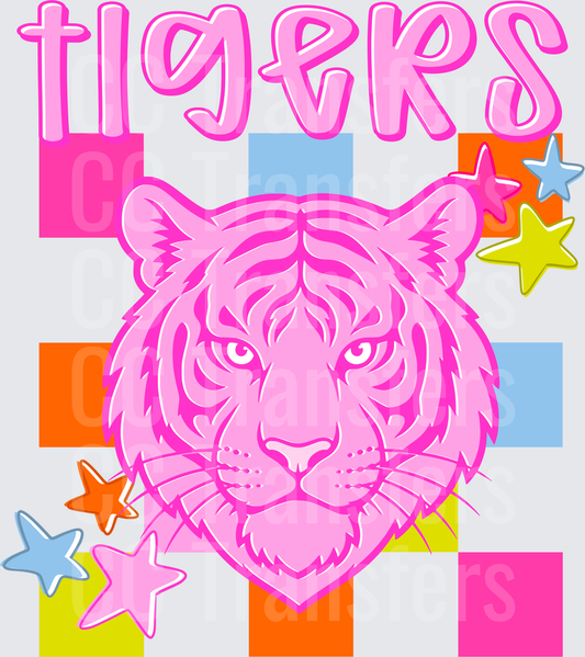 Pink Tiger Face Tigers Text Colorful Checkered Stars (DTF)