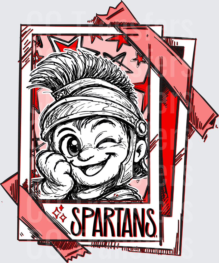 Cartoon Spartan Warrior Mascot Winking Red Stars DTF