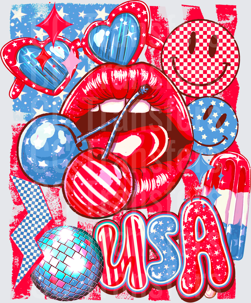 Patriotic USA Lips Cherries Smiley Disco Ball Collage (DTF)