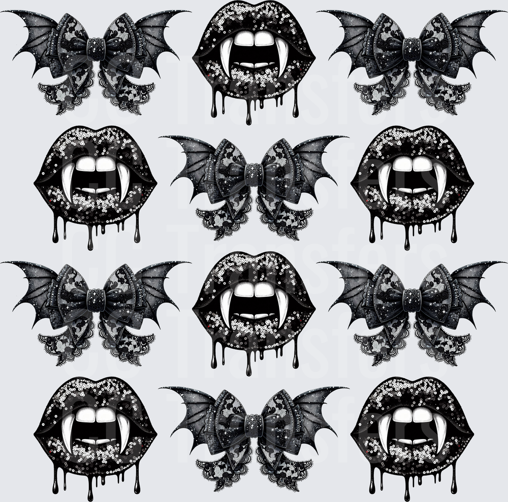 Gothic Vampire Lips & Bat Wing Lace Bow Bundle (DTF)