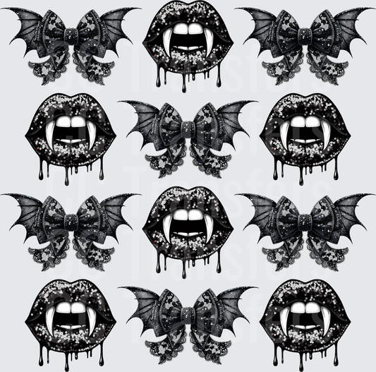 Gothic Vampire Lips & Bat Wing Lace Bow Bundle (DTF)