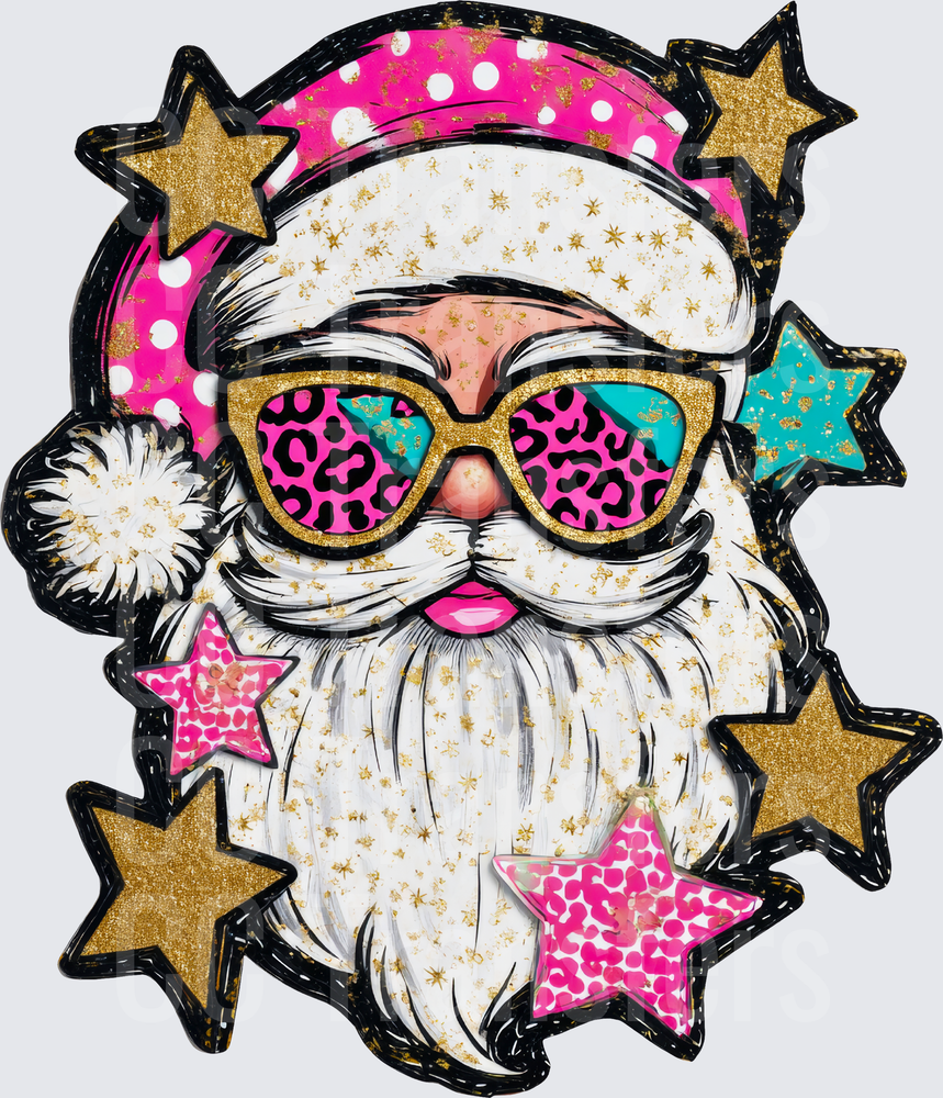 Glam Santa Leopard Sunglasses Gold Stars Pink Holiday (DTF)
