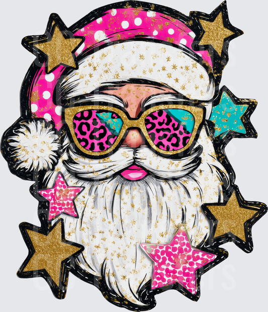 Glam Santa Leopard Sunglasses Gold Stars Pink Holiday (DTF)
