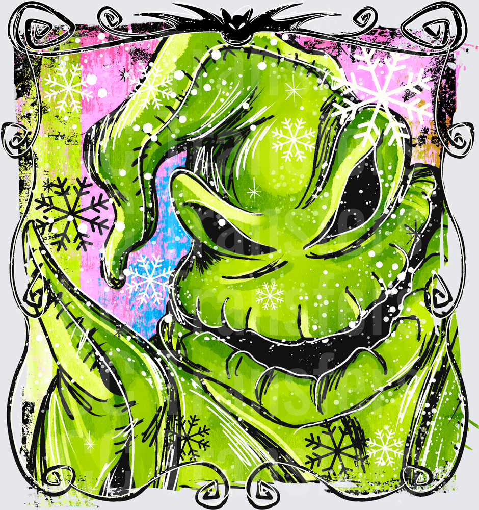 Grumpy Green Furry Face Winter Snowflake Vintage Frame (DTF)
