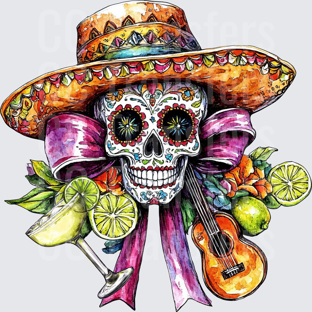 Watercolor Sugar Skull Sombrero Margarita Guitar (DTF)