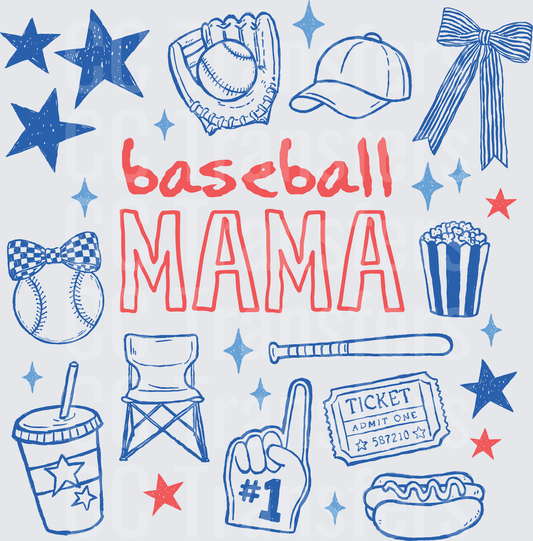 Baseball Mama Doodle Collage Red Blue Stars (DTF)