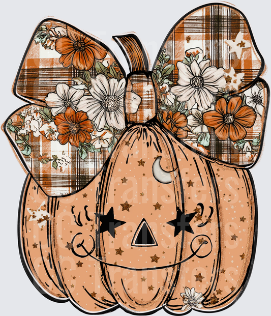 Floral Plaid Bow Jack-O-Lantern Pumpkin with Stars (DTF)