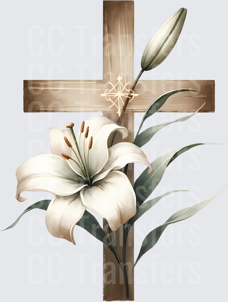 Rustic Wooden Cross with White Easter Lily Floral (DTF)
