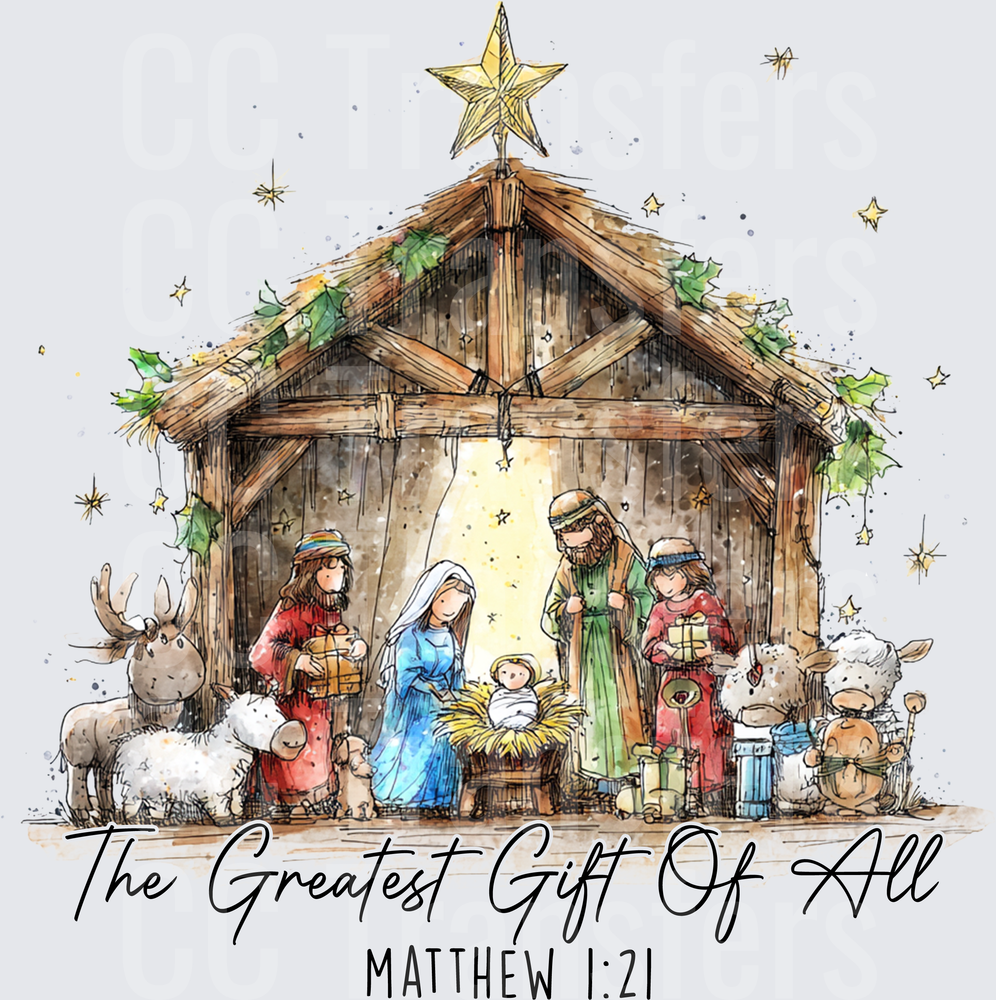 Watercolor Nativity Scene The Greatest Gift Of All Matthew 1:21 (DTF)