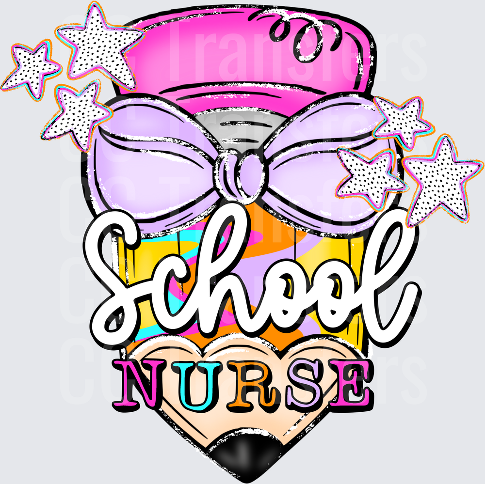 Colorful Pencil Heart School Nurse Bow Stars Design (DTF)