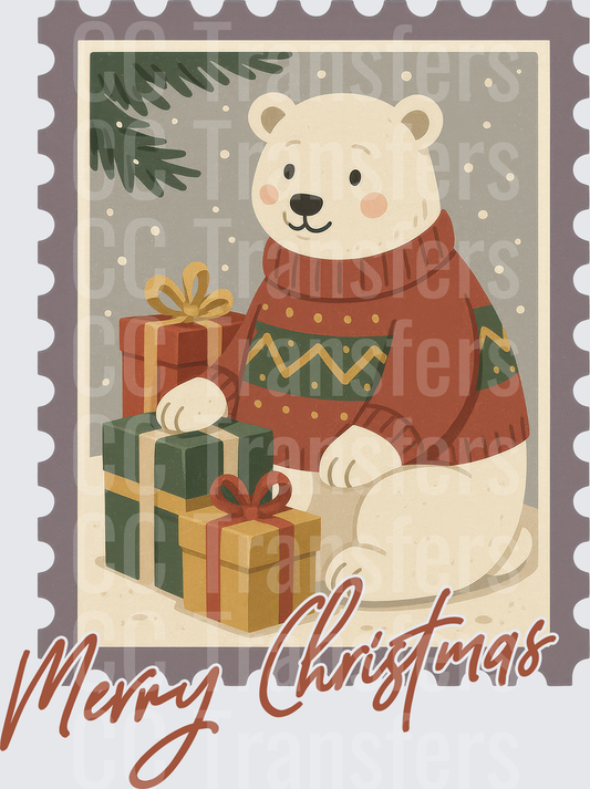 Merry Christmas Polar Bear Ugly Sweater Postage Stamp (DTF)
