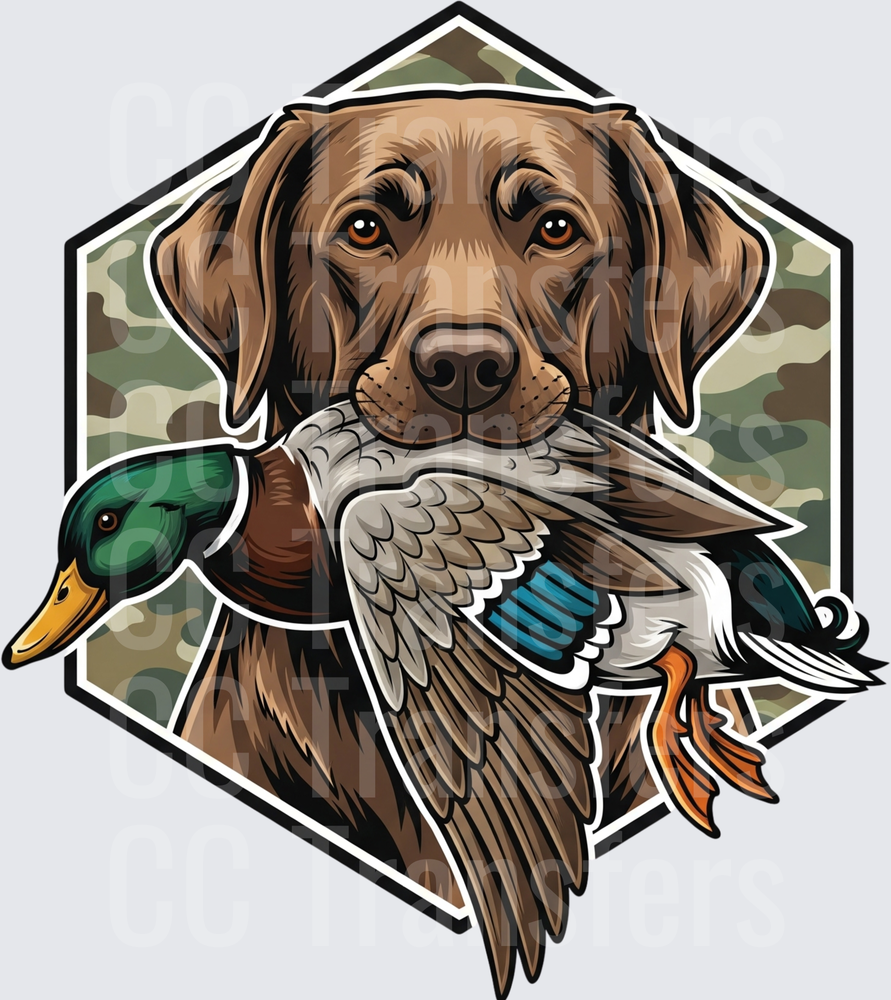 Chocolate Lab Retrieving Mallard Duck Camo Hexagon (DTF)