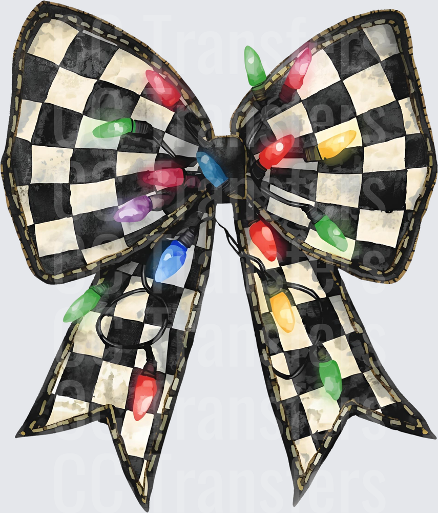 Black White Checkered Bow with Colorful Christmas Lights (DTF)