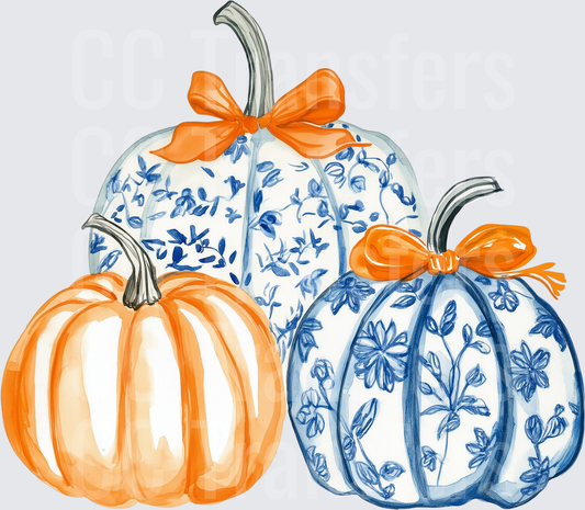 Chinoiserie Blue Floral Pumpkins Orange Bow Trio (DTF)