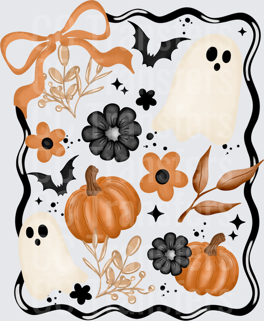 Boho Halloween Ghosts Pumpkins Bats Floral Bow (DTF)
