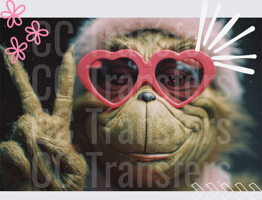 Grumpy Green Creature Heart Sunglasses Peace Sign (DTF)