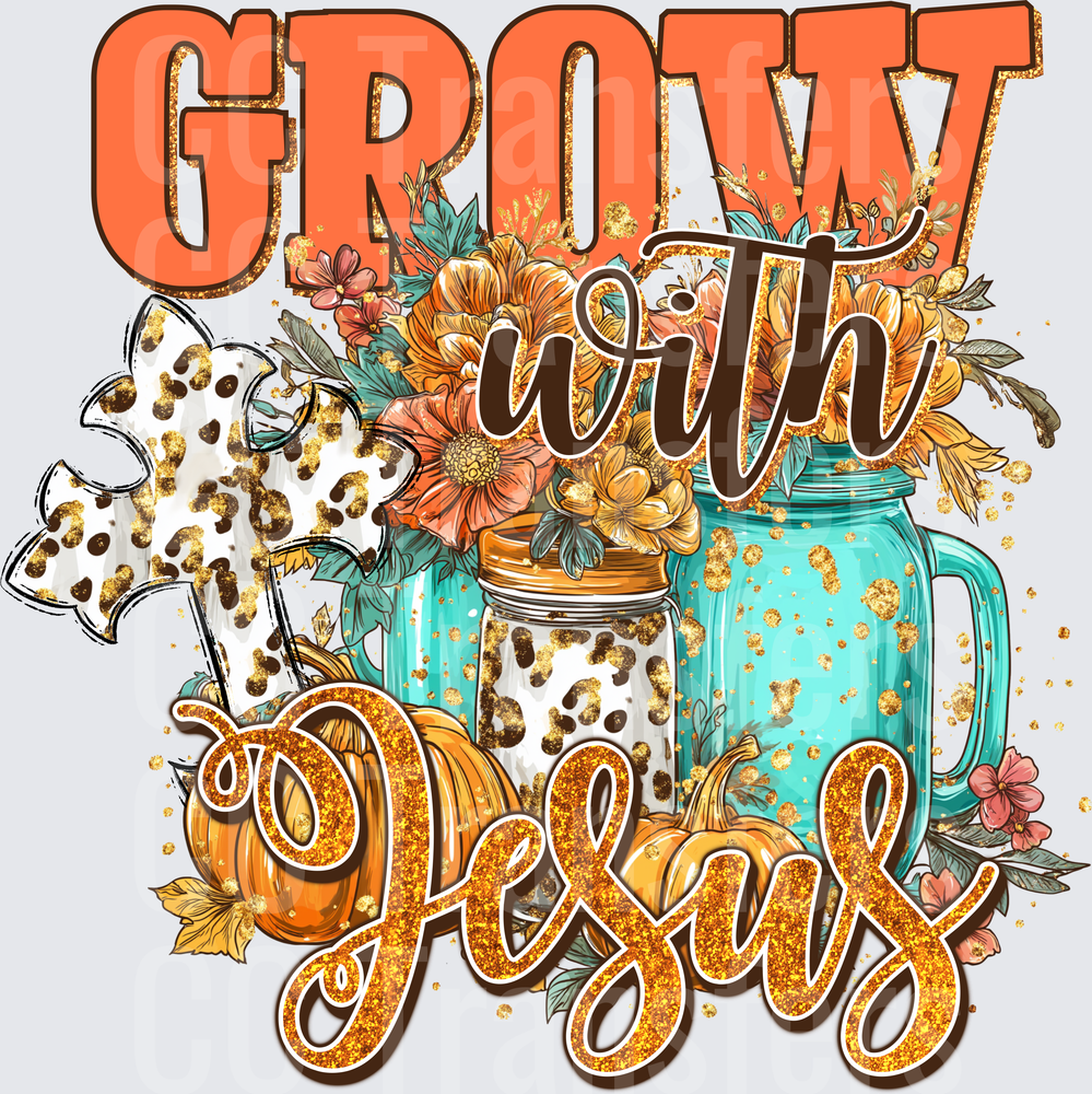 Grow With Jesus Fall Leopard Cross Mason Jar Pumpkins (DTF)