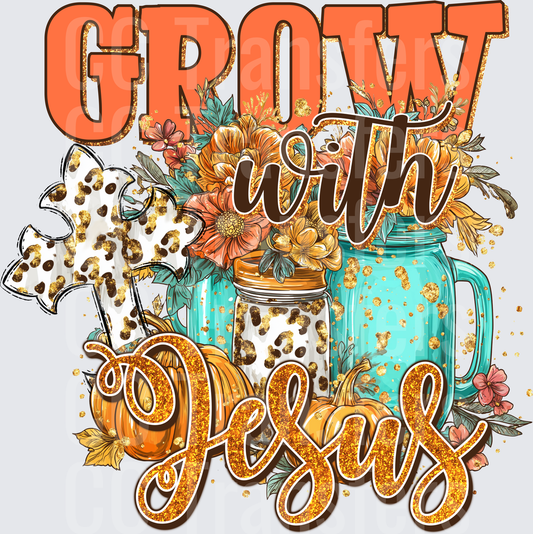 Grow With Jesus Fall Leopard Cross Mason Jar Pumpkins (DTF)